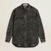 Women's black denim shirt with ton sur ton floral pattern