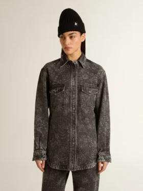 Women’s black denim shirt with ton sur ton floral pattern