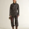 Women's black denim shirt with ton sur ton floral pattern