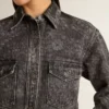 Women's black denim shirt with ton sur ton floral pattern