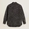Women's black denim shirt with ton sur ton floral pattern