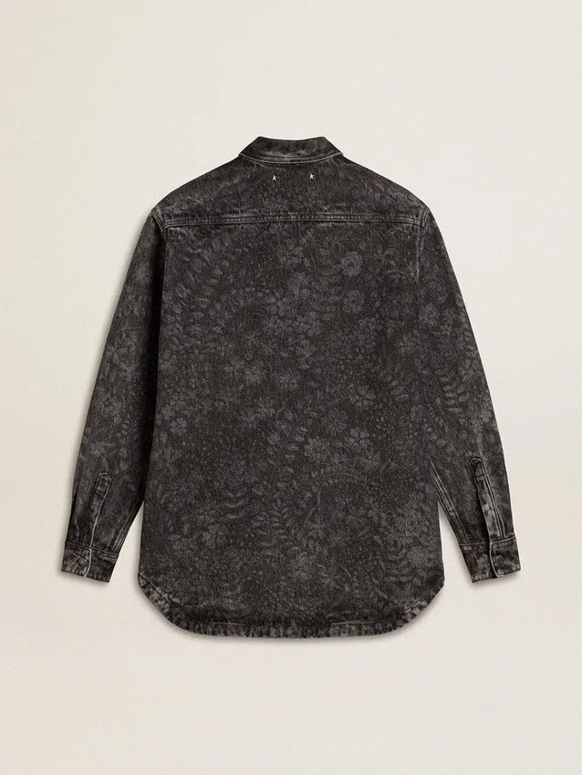 Women's black denim shirt with ton sur ton floral pattern