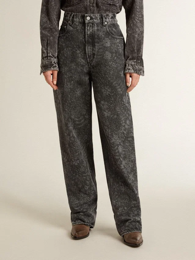 Women's black jeans with a floral motif
