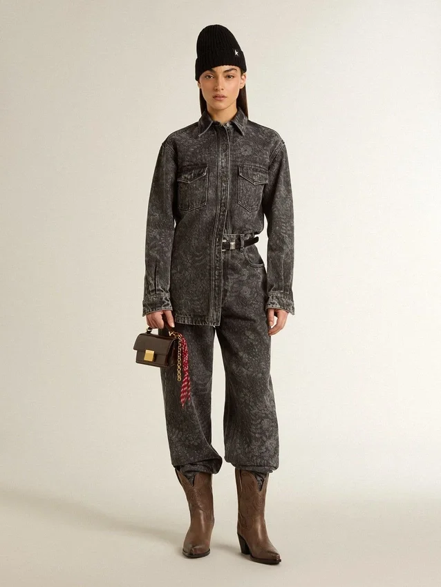 Women's black jeans with a floral motif