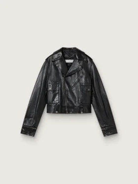Women’s black leather biker jacket with glossy effect