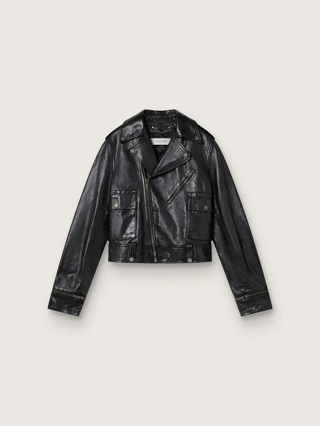 Women’s black leather biker jacket with glossy effect