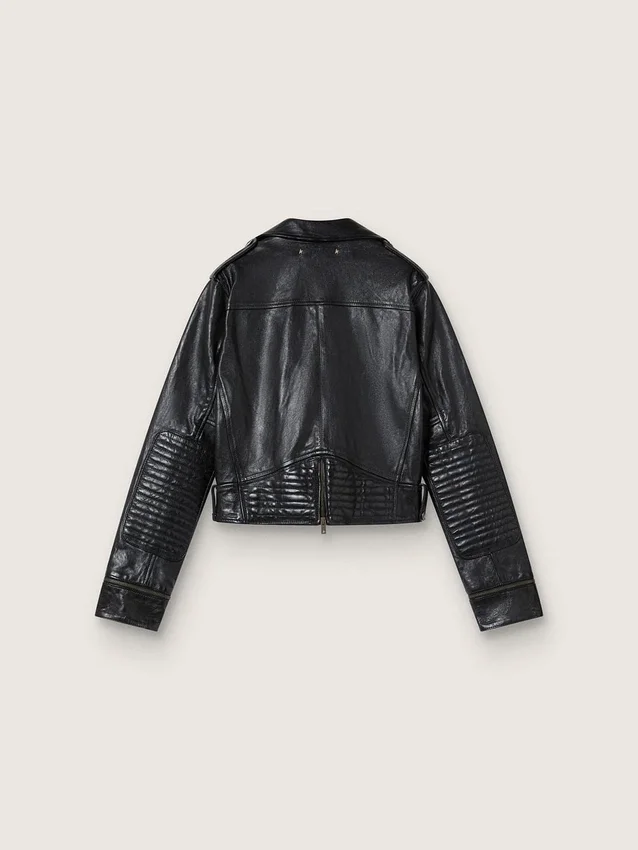 Women’s black leather biker jacket with glossy effect