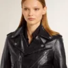 Women’s black leather biker jacket with glossy effect