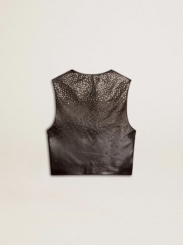 Women's black leather waistcoat with gradient-effect studs