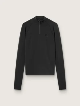 Women's black long-sleeve sports top with zip