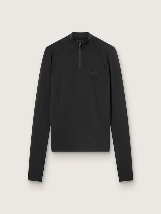 Women's black long-sleeve sports top with zip