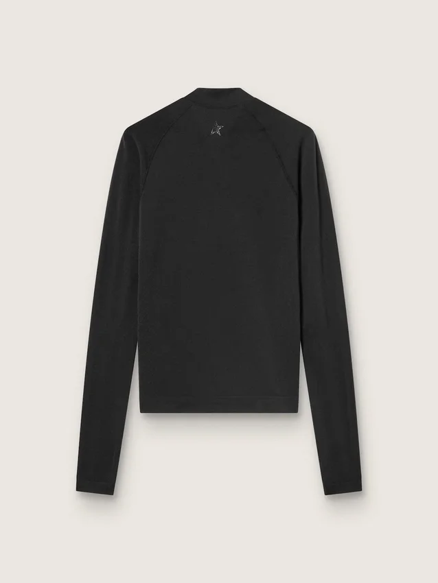 Women's black long-sleeve sports top with zip