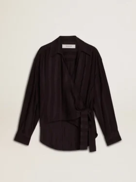 Women's black shirt with vertical stripes and side knot closure