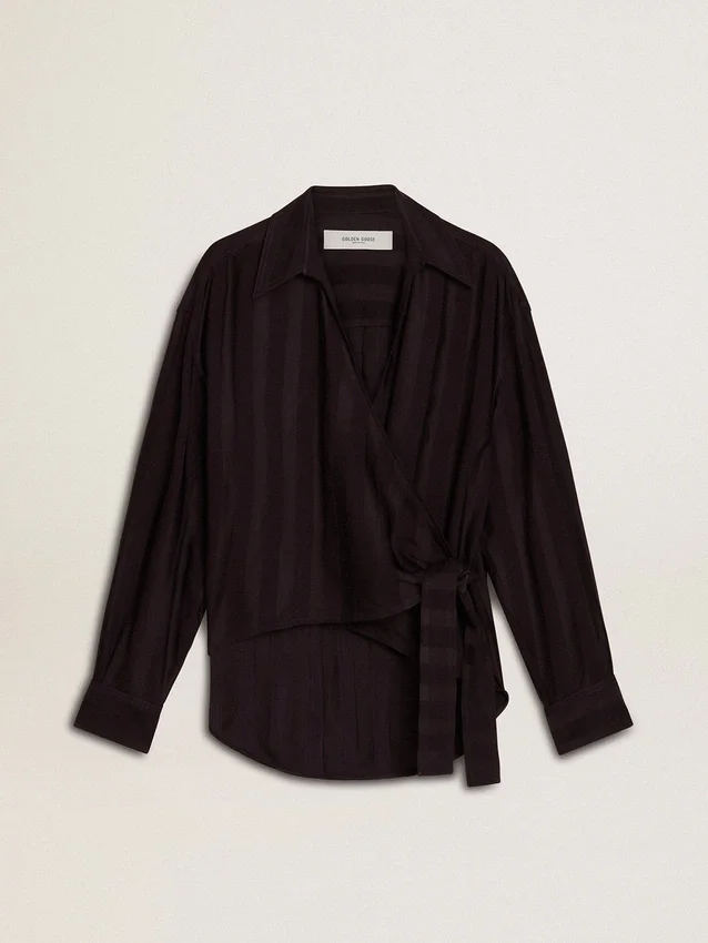 Women's black shirt with vertical stripes and side knot closure