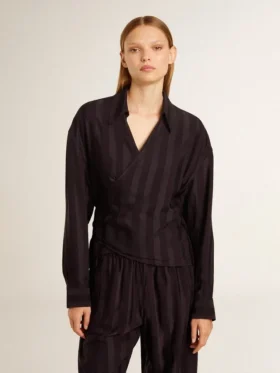 Women’s black shirt with vertical stripes and side knot closure
