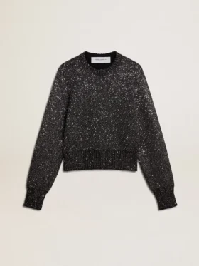 Women's black wool blend cropped sweater with all-over sequins