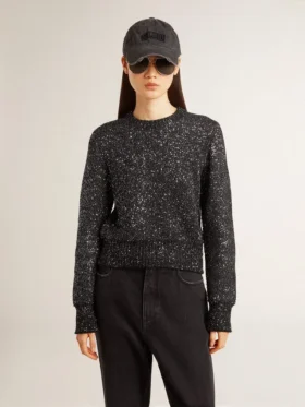 Women’s black wool blend cropped sweater with all-over sequins