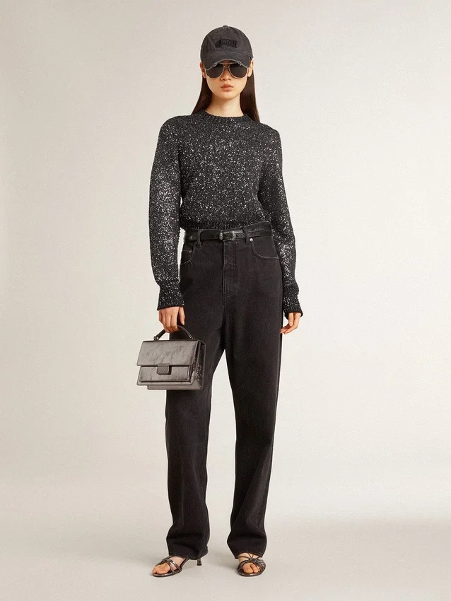 Women's black wool blend cropped sweater with all-over sequins