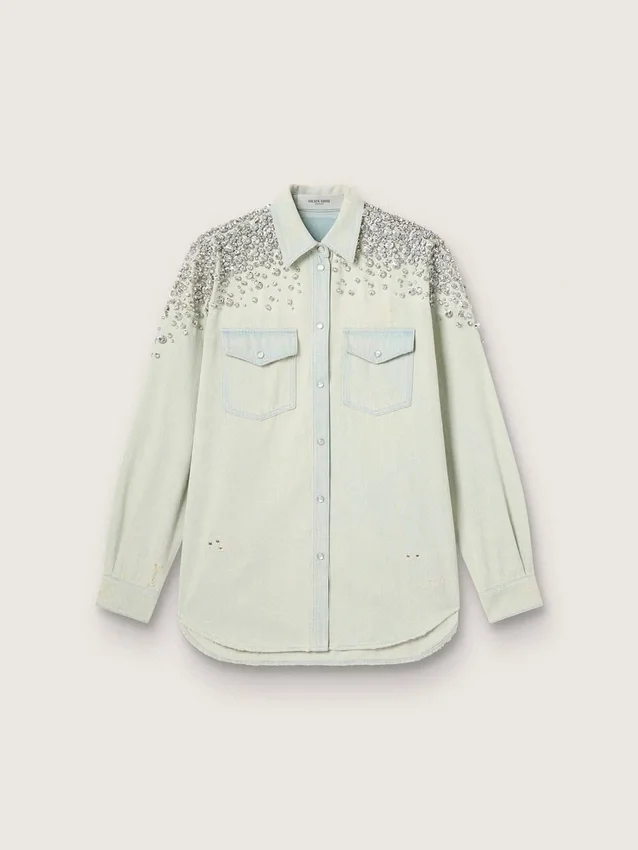 Women's bleached boyfriend shirt with cabochon crystals
