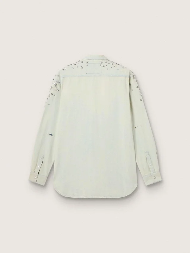 Women's bleached boyfriend shirt with cabochon crystals