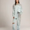 Women's bleached boyfriend shirt with cabochon crystals