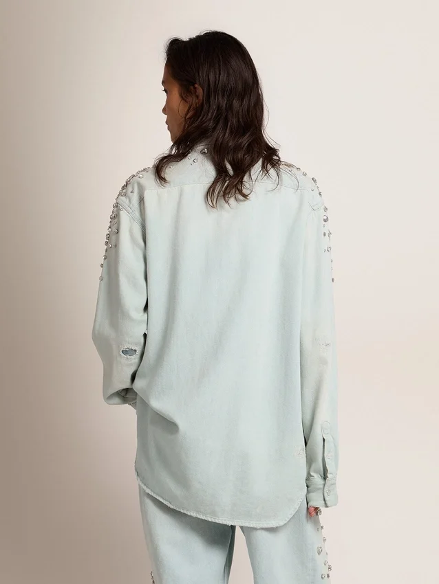 Women's bleached boyfriend shirt with cabochon crystals