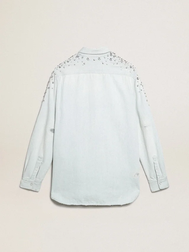 Women's bleached boyfriend shirt with cabochon crystals