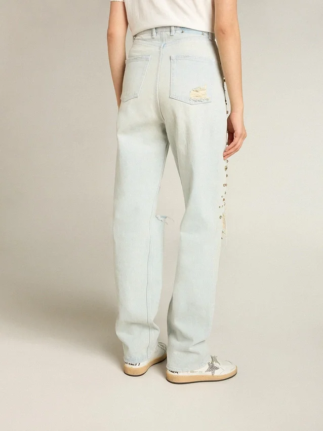 Women's bleached jeans with cabochon crystals
