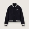Women's bomber jacket in dark blue wool with white details