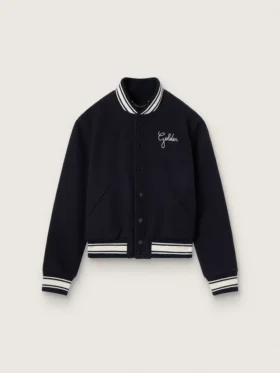 Women's bomber jacket in dark blue wool with white details