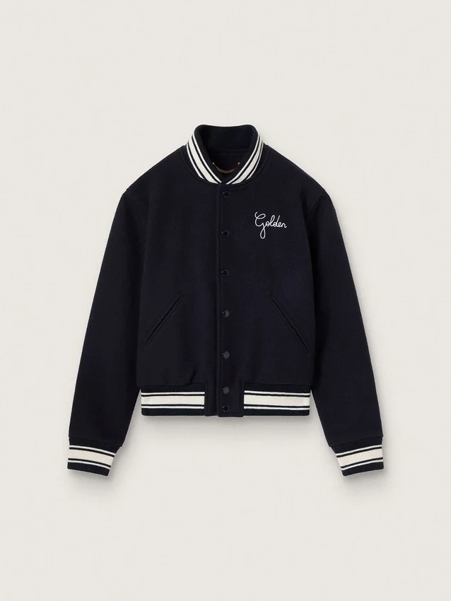 Women's bomber jacket in dark blue wool with white details