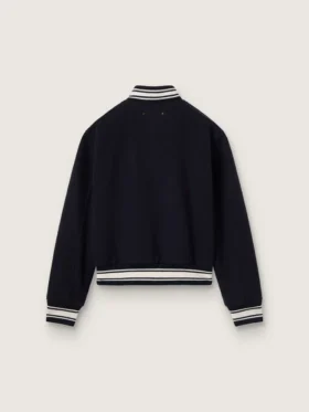 Women’s bomber jacket in dark blue wool with white details