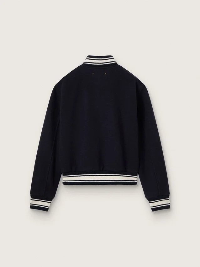 Women's bomber jacket in dark blue wool with white details