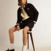 Women's bomber jacket in dark blue wool with white details