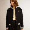 Women's bomber jacket in dark blue wool with white details
