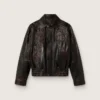Women's bomber jacket in dark burgundy nappa leather with floral embroidery
