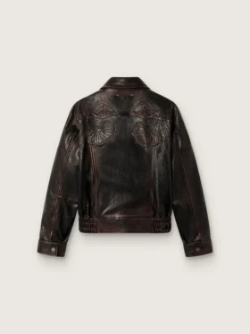 Women’s bomber jacket in dark burgundy nappa leather with floral embroidery
