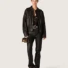 Women's bomber jacket in dark burgundy nappa leather with floral embroidery