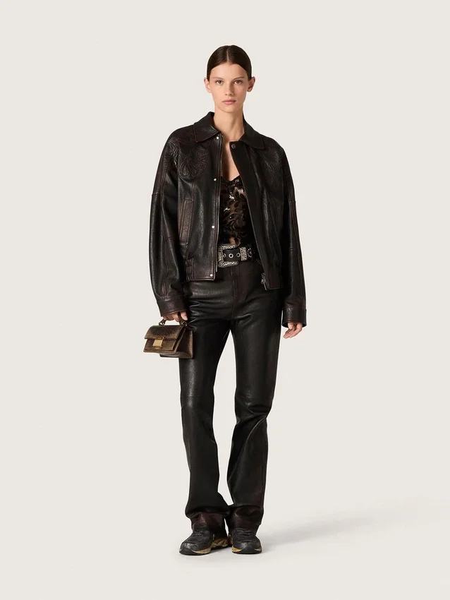 Women's bomber jacket in dark burgundy nappa leather with floral embroidery