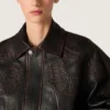 Women's bomber jacket in dark burgundy nappa leather with floral embroidery