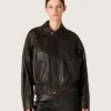 Women's bomber jacket in dark burgundy nappa leather with floral embroidery