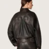 Women's bomber jacket in dark burgundy nappa leather with floral embroidery