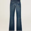 Women's bootcut jeans with a vintage wash and metallic details