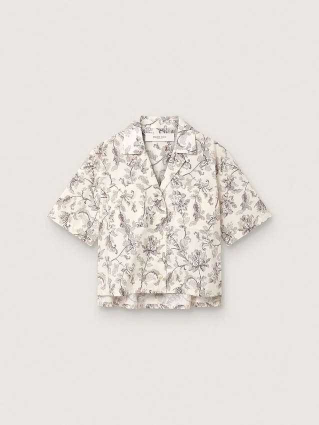 Women's boxy cotton shirt with black and white floral print