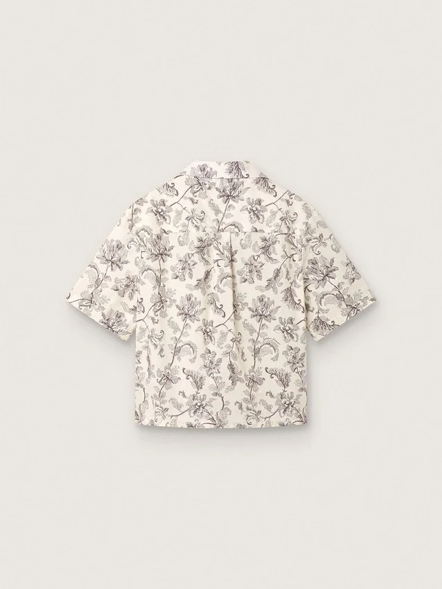Women's boxy cotton shirt with black and white floral print