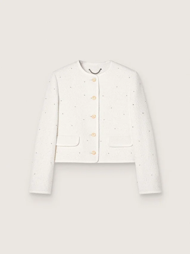 Women’s boxy jacket in bouclé cotton with all-over beads