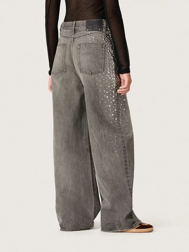 Women's boyfriend jeans in gray denim with silver gradient-effect studs