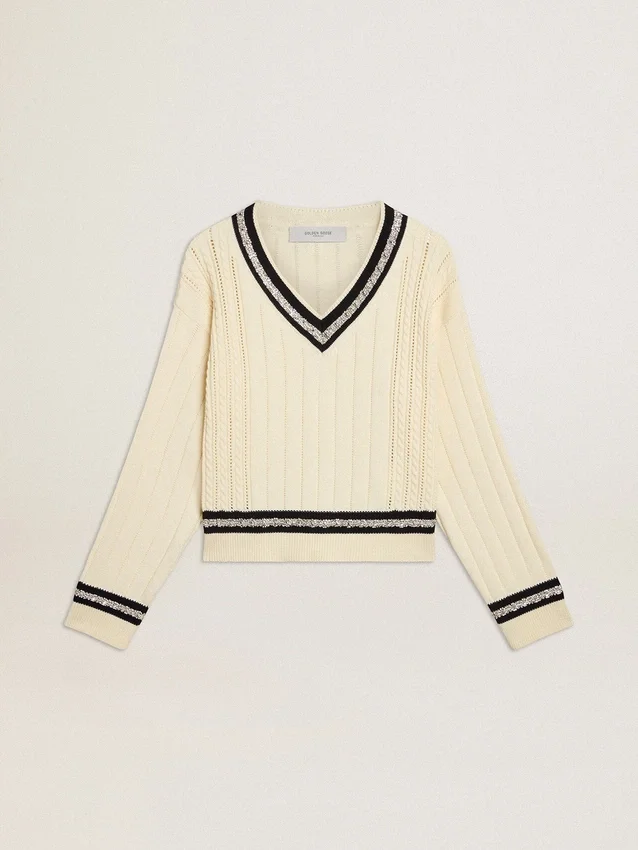 Women's cable-pattern cropped sweater with blue ribbing and crystals