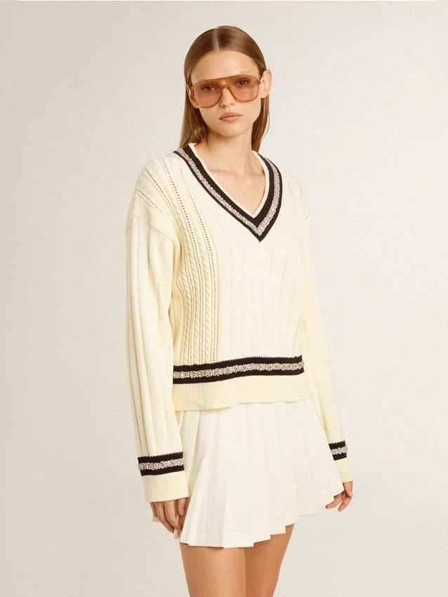 Women's cable-pattern cropped sweater with blue ribbing and crystals