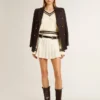 Women's cable-pattern cropped sweater with blue ribbing and crystals